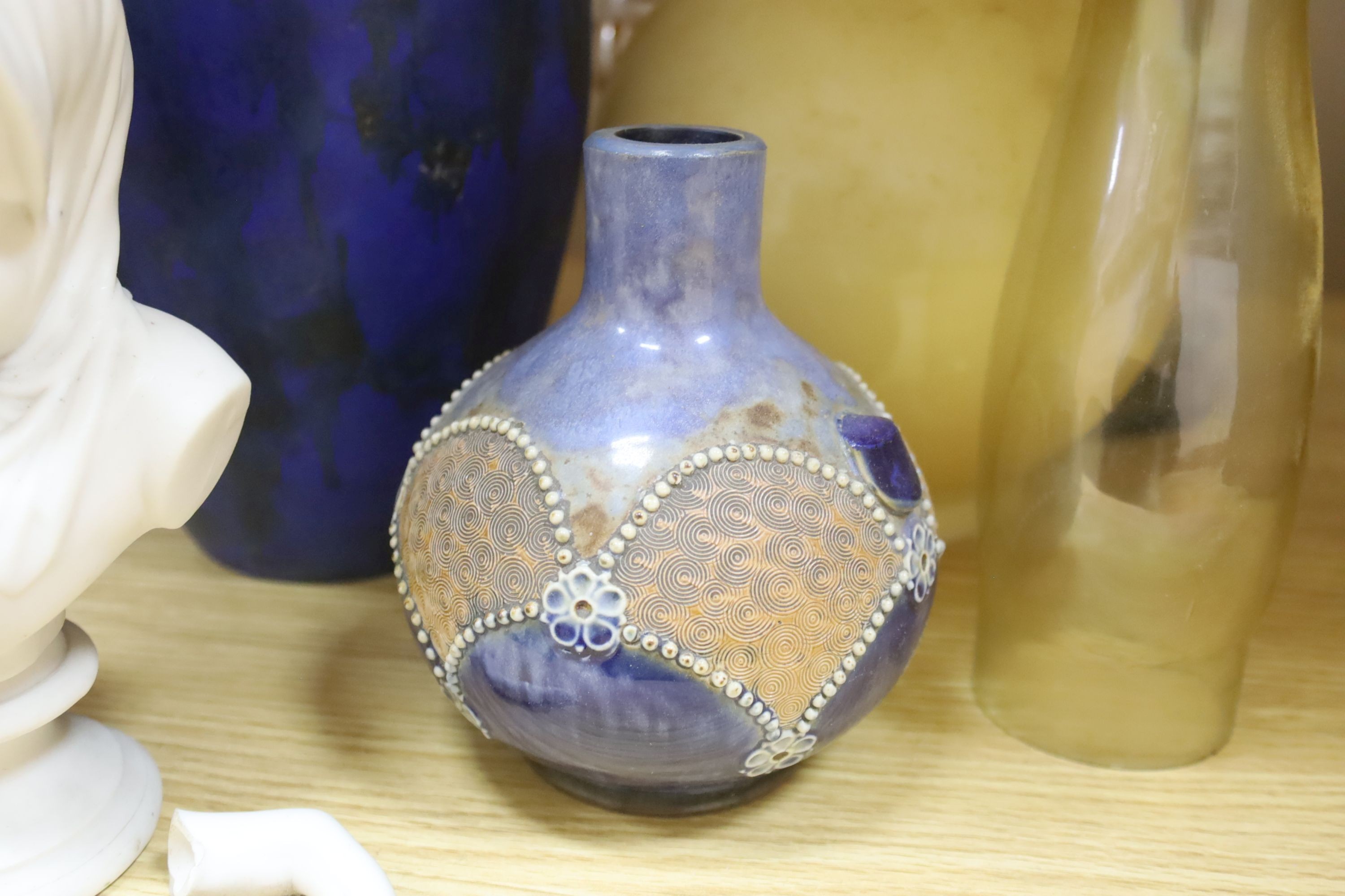 Mixed ceramics, overlaid glass vase and a Victorian oil lamp